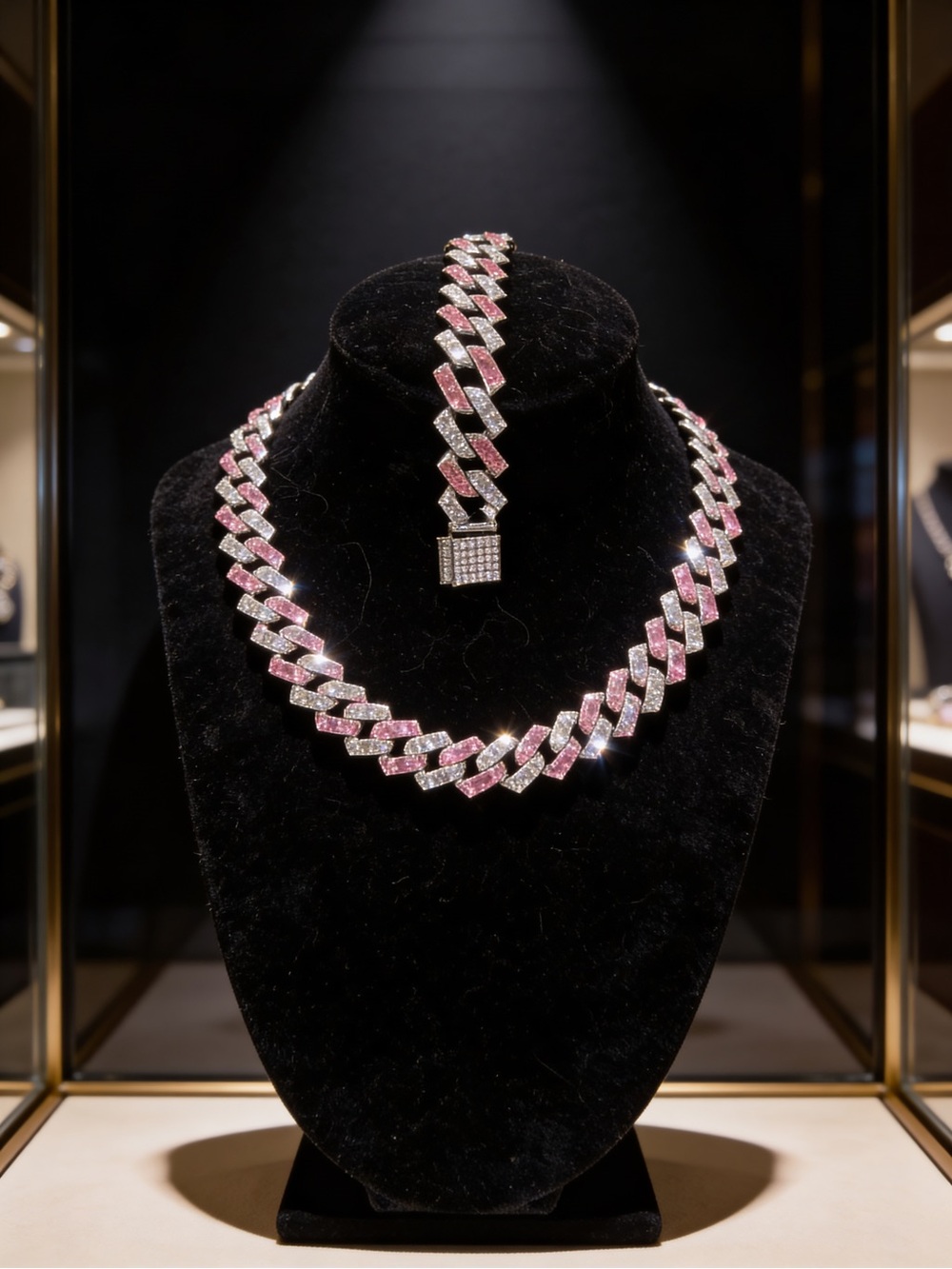 Pink and Silver Pavé Cuban Link Necklace and Bracelet Set